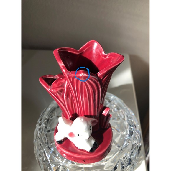 Vintage 4 Inch Burgundy Bud Vase with Baby Lamb - Picture 9 of 10